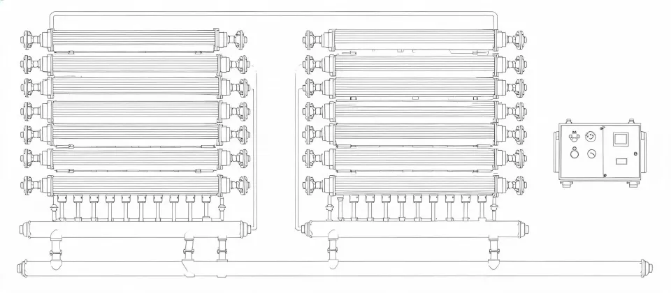 Schematic of a shell-and-tube exchanger bay with bundle pull space and utility headers